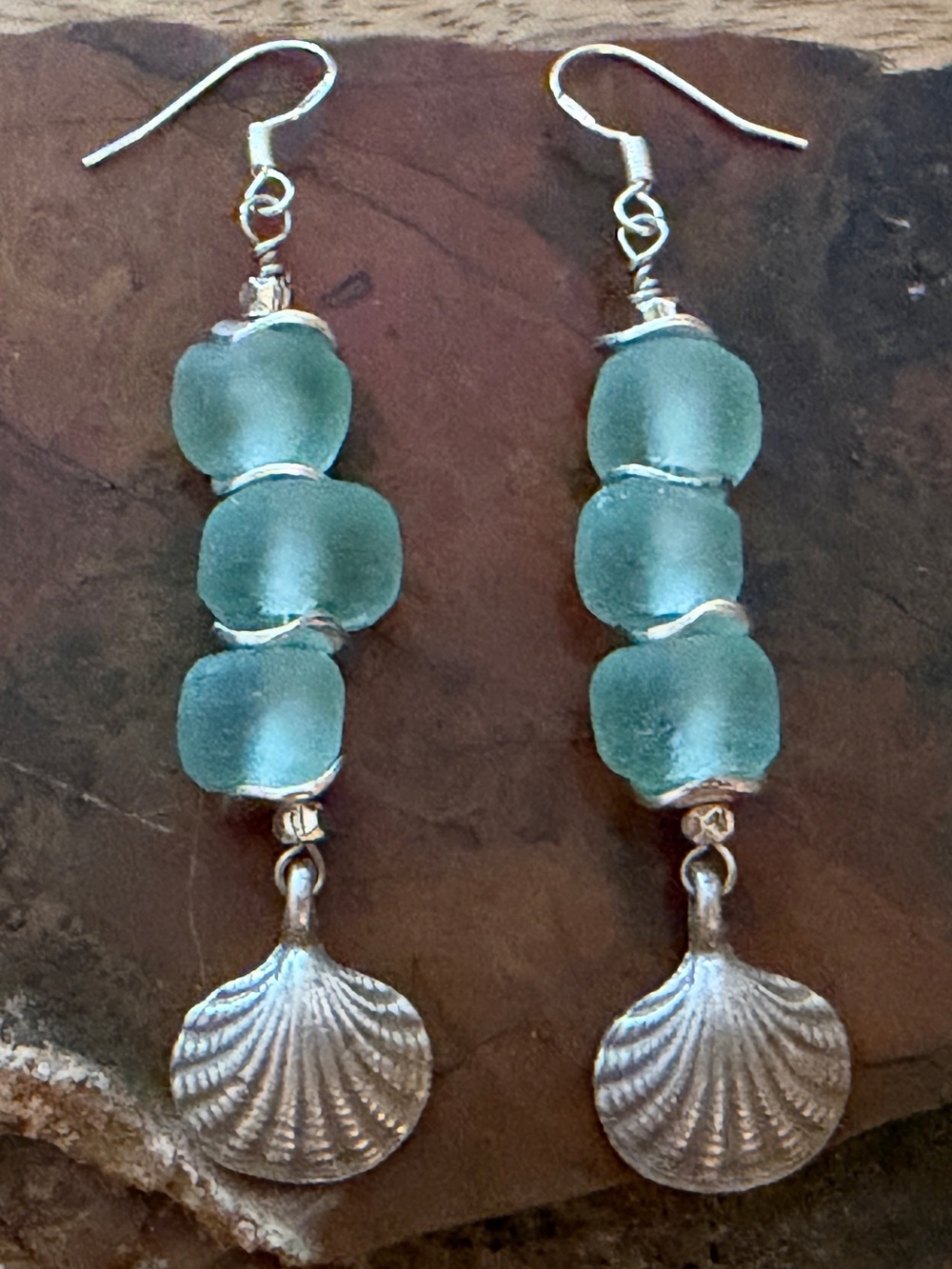 New Chunky Light Blue Recycled Glass Silver Sea Shell Earrings
